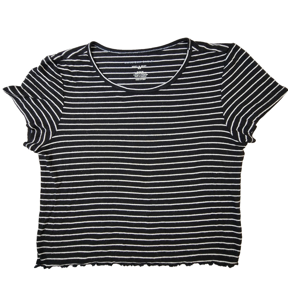 American Eagle Soft and Sexy Rib Cropped Fitted T Black and White Striped Size M